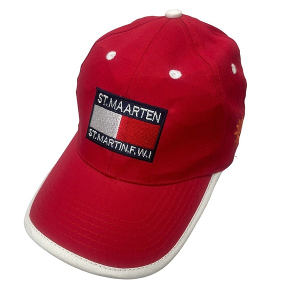 St Maarten Hat Cap Red White ST Martin FWI Strapback Adjustable Embroidered - Picture 1 of 12